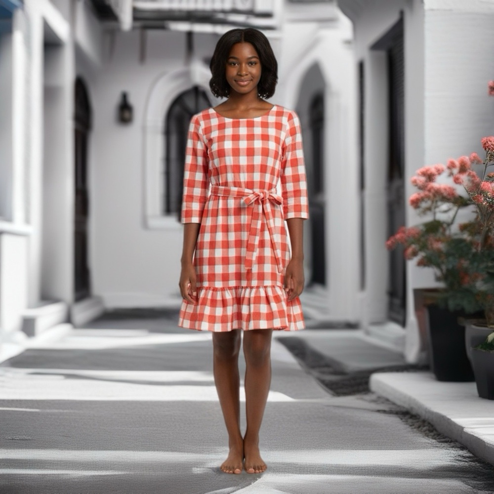 Coral and White Peplum gingham dress with 3/4 Sleeves